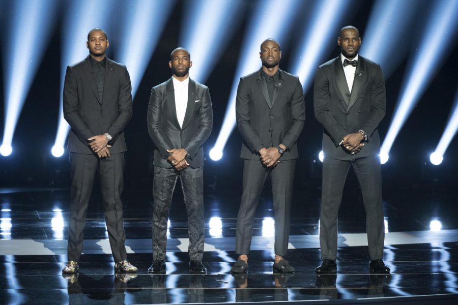 LeBron+James%2C+Dwyane+Wade%2C+Chris+Paul+and+Carmelo+Anthony+standing+united+before+speaking+their+peace+at+the+2016+ESPY+Awards.+%28Courtesy+of+Flickr%29